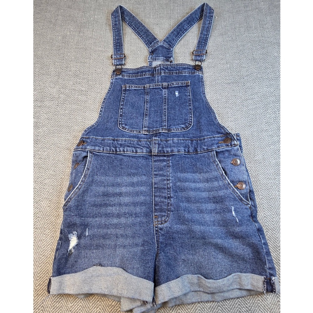 No Boundaries Women Distressed Denim Short Overall Medium Wash Blue Size L 11-13